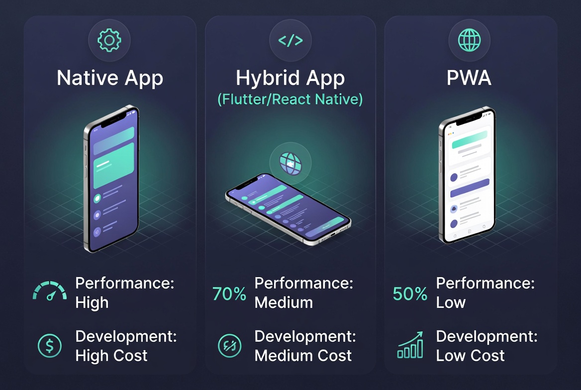 Comparativa de app nativa vs híbrida vs PWA - diferencias de rendimiento, costos y funcionalidades en Perú 2025