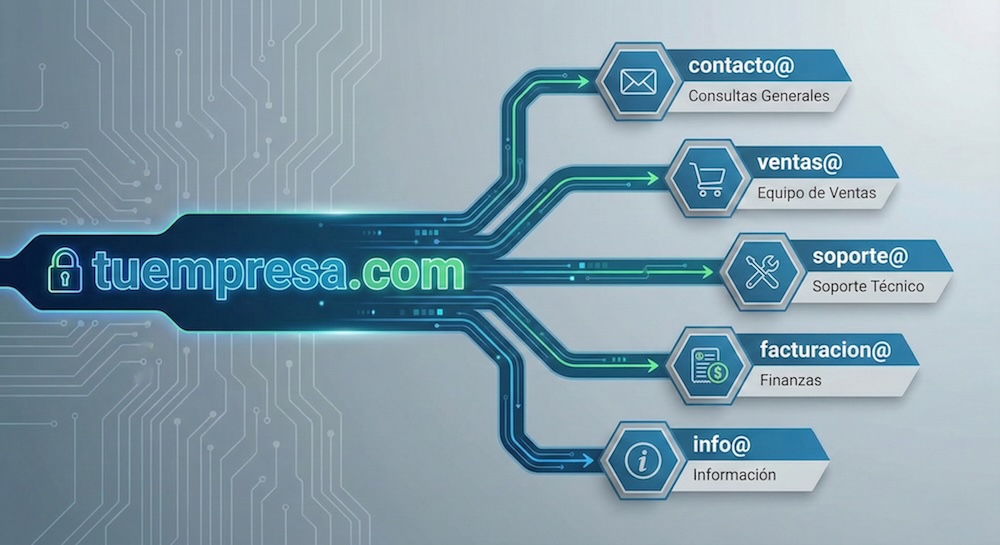 Organización empresarial con múltiples correos bajo un mismo dominio - estructura profesional