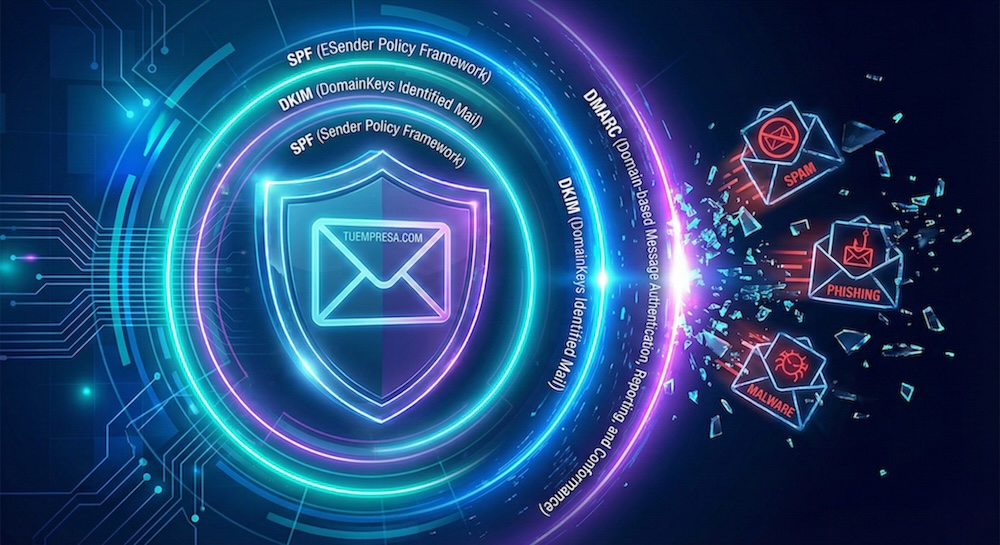 Protocolos de seguridad de correo empresarial - SPF DKIM DMARC para evitar phishing