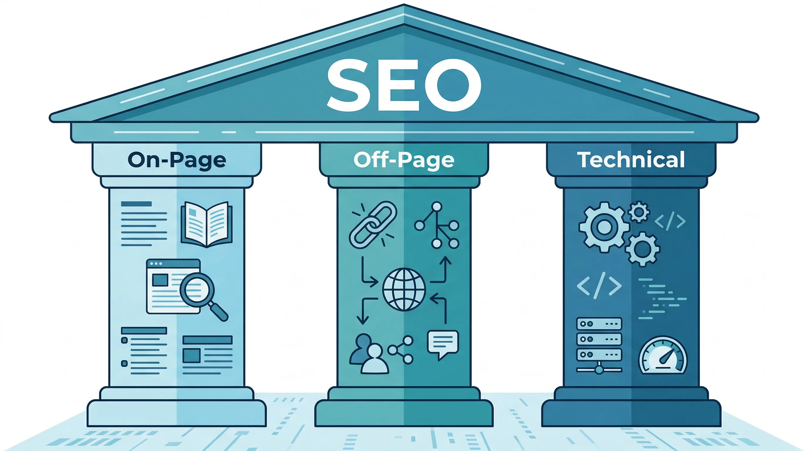 Los tres pilares del SEO: On-Page, Off-Page y Técnico explicados visualmente